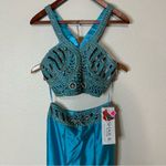 Shail K  4039 turquoise beaded satin halter mermaid two piece prom NEW 2 Photo 2