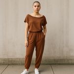 Anga Fashion Women's Short Sleeve Ankle Tapered Leg Jumpsuit Brown Size Small Photo 9