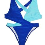 Two Tone Blue Color Block Criss Cross Back Bottom Fabric High Cut Plunge Deep V swimsuit Size Xl Womenswear Photo 0