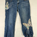 Shorty Jeans Women Boho Butterfly Lace Appliqué Crop Distressed Fray Hem Sz 15 Blue Photo 0