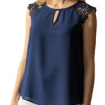 EXPRESS  Navy Crochet Flutter Sleeve Top O'Ring Tie‎ Open  Back NWOT  Small Photo 0