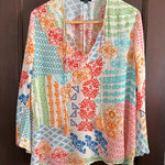 Tolani | 100% Silk Colorful Patchwork Print Flowy Bell Sleeve Split neck Blouse Photo 0