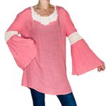 Indigo Soul NWT Light Pink Flare Sleeve Floral Embroidery Crochet Hippie Tunic Photo 0