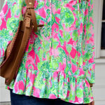 Lilly Pulitzer  Women's Floral Tensley Top Medium Long Sleeve Ruffle Hem Tassel Photo 0