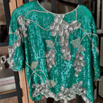 Vintage 80s Sequins Silk Beaded Top Emerald Floral life of a showgirl blouse Silver Size M Photo 0