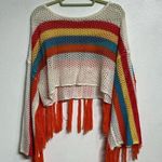 Rainbow Crochet Mesh Fringe Crop Top Poncho Sz S White Photo 2