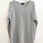 I.N. STUDIO Petite Gray Knit Sweater with Gemstone Detail Photo 1