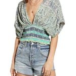 Free People  Smocked Elastic V-Neck Blouse Blue Photo 0