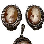 Antique German 800 Silver Cameo Pendent & Clip On Earrings Set Silver Photo 3