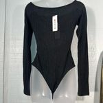 Bardot  Black V Neck Ribbed Long Sleeve Bodysuit Size Medium NWT Photo 4
