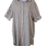 Old Navy Brown White Striped Linen Blend Button Down Shirt Dress Tunic XL Pocket Photo 0