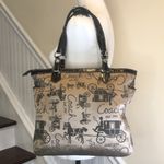 Coach Vintage Horse & Carriage Tan Satin Shoulder Bag Black Leather Straps Photo 3