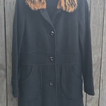Mainbocher Black Trench Coat with Faux Fur Collar 100% Wool Size M Photo 0