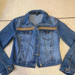 Forever 21 Cropped Denim Jean Jacket Studded Embroidered Aztec design Size Small Photo 0