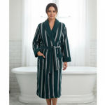 Unisex Striped 100% Cotton Bathrobe Green Beige belted Size Large Photo 1