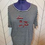 Gerard Darel Womens 2 Black White Striped Red Print Linen Short Sleeve T Photo 0