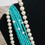 Statement Turquoise Seed Bead and Faux Pearl Necklace Cross Pendant Set Blue Photo 1