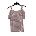 Ann Taylor  Cold Shoulder T-Shirt Top‎ Size Medium White With Red Stripes Stretch Photo 7