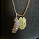 Leather Necklace with feather pendant and oval pendant that says God is Faithful Photo 4