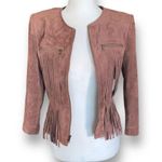 BCBG Max Azria Reiss Vegan Suede Leather Jacket Fringe Accents Toffee Brown Tan Photo 7