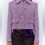 ZARA  FITTED CROPPED TEXTURED BLAZER Weave Tweed Purple/Black/White Size XL NEW Photo 3