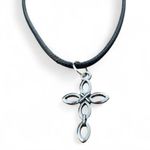 Handmade Gothic Silver Cross Necklace with black Faux Leather cord Photo 0