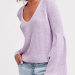Free People Sweater V Neck Long Bell Sleeve Purple Knit Pullover S Photo 0