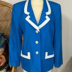 Oleg Cassini Vintage 80s  Blazer Jacket Bright Lapis White Trim Gold Lion Buttons Photo 11