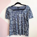 Lucky Brand  Women Top Large Blue Floral Shirt Boho Short Sleeve Pullover Stretch Photo 0