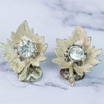 Vintage Clip On Earrings Light Shade of Gold Tone & Clear Gem Photo 11