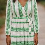 Cato Green & White Geometric Print Faux Wrap Long Sleeve Dress Photo 0