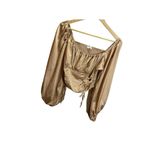 idem Ditto Boutique Gold Smocked Ruffle Blouse size M Bell Sleeve Retro Cropped Photo 3