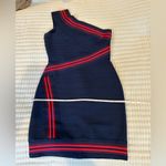 Herve Leger One Shoulder Striped bandage dress navy with red accents Photo 11
