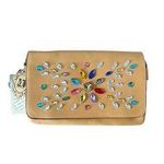 NWT Miss Unique Beaded Clutch Bag Tan Faux Leather Gemstone Floral Colorful Yellow Photo 0