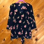 Pleione Dark navy blue and pink floral tie front flare sleeve blouse Photo 0