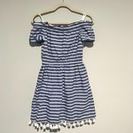 Eliza J Blue White Stripe Tassel Off The Shoulder Dress Photo 3