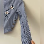ZARA  Blue and White Striped Top With Embroidered Florals Size Small Photo 5