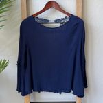 Double Zero Navy Blue Crochet Open Back Bell Sleeve Long Sleeve Blouse Top Photo 0