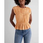 EXPRESS Peach Orange Foil Crew Neck Ruched Peplum Top Medium Photo 4
