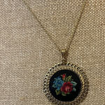 Gold Tone Pendant Necklace with Petit Point Embroidered Floral Design Photo 0