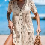 Open Knit Button Front Cover Up Dress Beige Tan Size undefined Photo 0