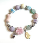 Pink Flower Bracelet Pastel Blue Purple Green Ceramic Beads Silver Stretchy Photo 0