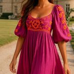 Free People  Wedgewood Maxi Dress Embroidered M Boho Magenta Scandi Parisian Soft Photo 0