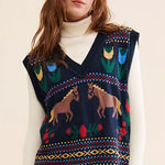 Free People Navy Horse Isles Knit Sweater Vest Medium Equestrian Cottage EUC Black Photo 0