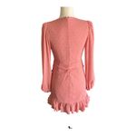 EXPRESS -FAUX WRAP MINI DRESS-SIZE XS V neck, faux wrap front, long sheer sleeves, ruched skirt with ruffles down the side, tiered ruffle hem, metallic fit fabric, fully lined except for sleeves, excellent condition, like new Measurements: Bust: armpit to armpit 16 1/2 inches Waist: side to side 13 inches Length: shoulder seam to bottom 32 inches Photo 10