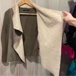 Saks 5th Avenue Saks Fifth Avenue wool blend olive open front cardigan faux shearling trim luxe Photo 8