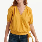 Lucky Brand  Women's Yellow Cotton Wrap Top Puff‎ Sleeves Tie Waist - M NWOT Photo 0