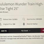 Lululemon Wunder Train HR Tight 25” Sz4 Date Brown Photo 3