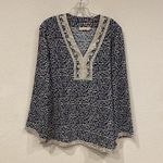 Tory Burch Blouse Womens Size 10 Blue Geometric Tunic Long Sleeve Crochet Trim Photo 0