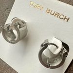 Tory Burch New Auth. Britten Logo Huggie Hoop Earrings Matte Silver on TB Card Photo 0